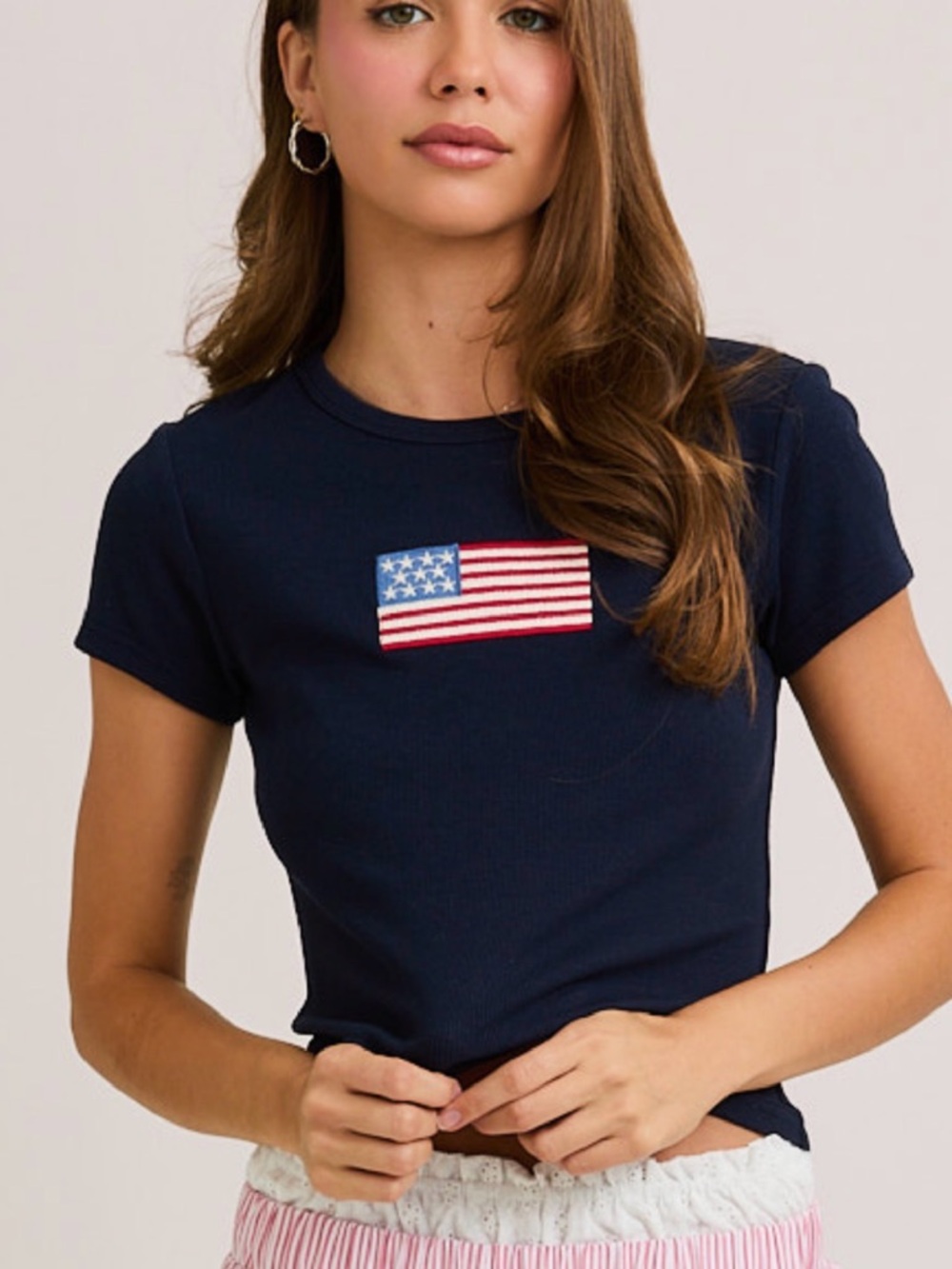 Navy Tee with Embroidered American Flag
